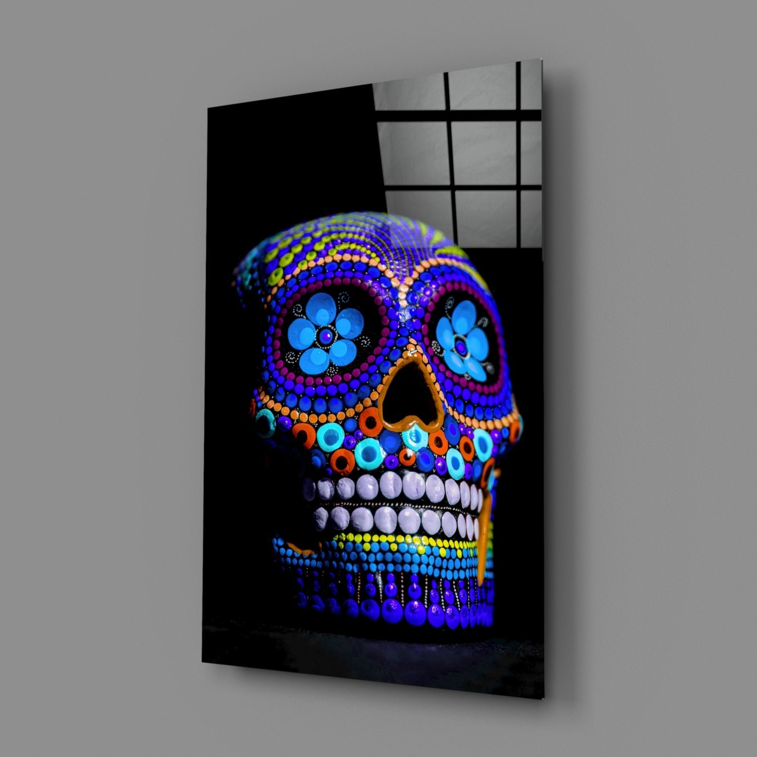 Cobalt Blue Beaded Sugar Skull Glass Wall Art