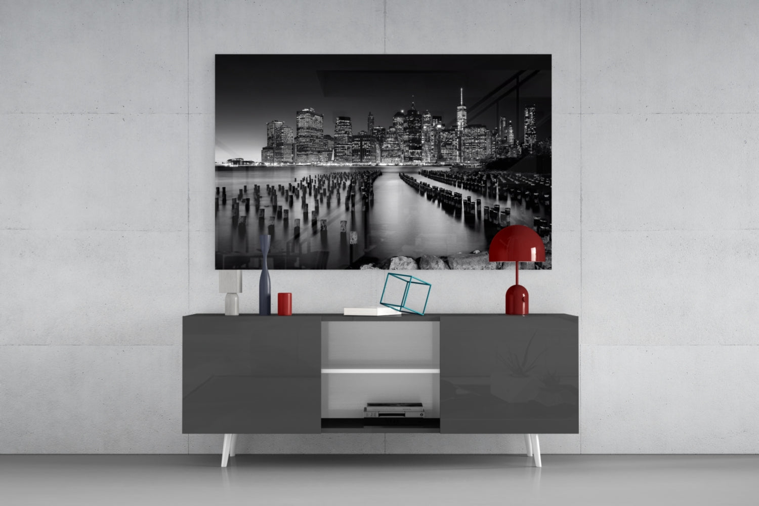 Monochrome Skyline Pier Pilings Glass Wall Art