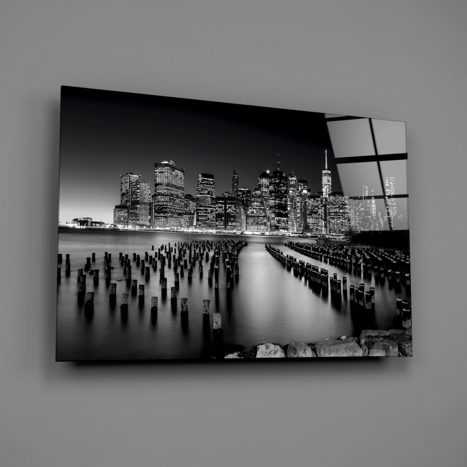 Monochrome Skyline Pier Pilings Glass Wall Art
