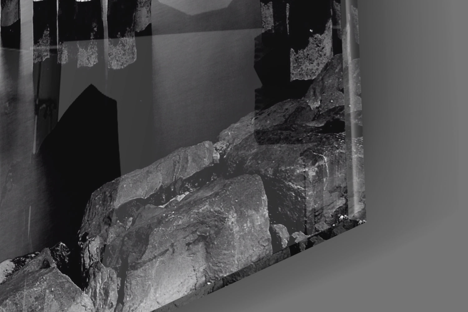 Monochrome Skyline Pier Pilings Glass Wall Art