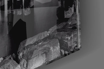 Monochrome Skyline Pier Pilings Glass Wall Art