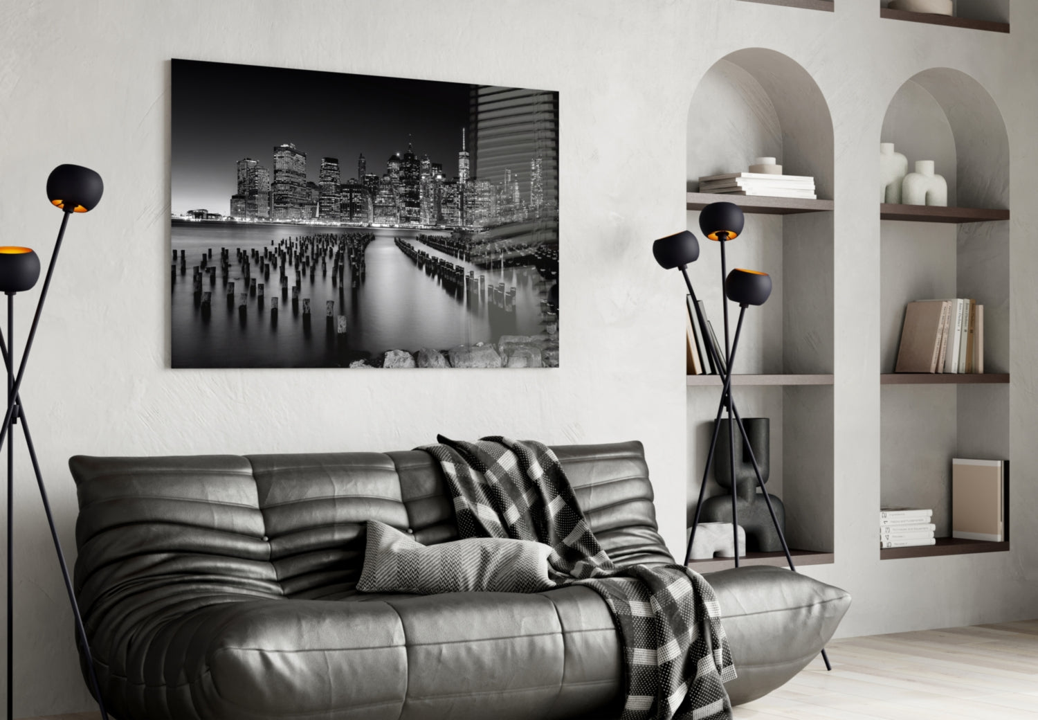 Monochrome Skyline Pier Pilings Glass Wall Art