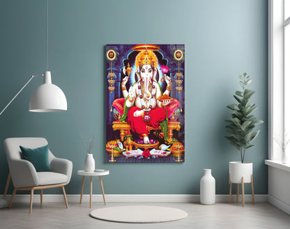 Blue Temple Lotus Throne Ganesha Glass Wall Art