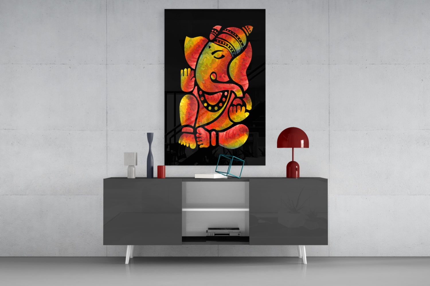Fiery Red And Yellow Stylized Ganesha Glass Wall Art