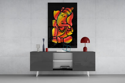Fiery Red And Yellow Stylized Ganesha Glass Wall Art