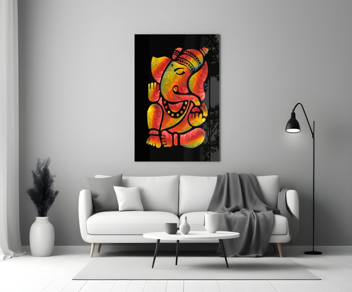 Fiery Red And Yellow Stylized Ganesha Glass Wall Art