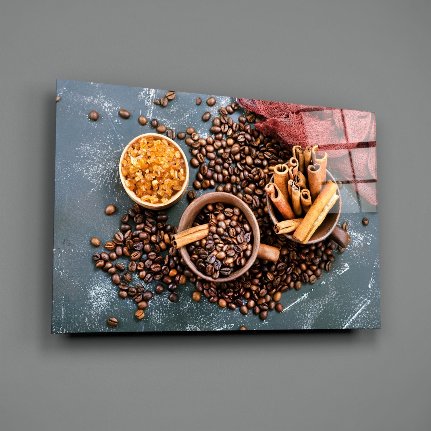 Scattered Coffee Beans And Cinnamon Glass Wall Art