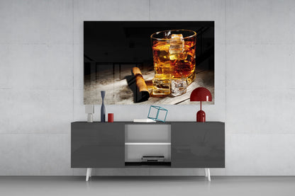 Whiskey Glass With Ice And Cigar Glass Wall Art