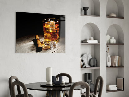 Whiskey Glass With Ice And Cigar Glass Wall Art