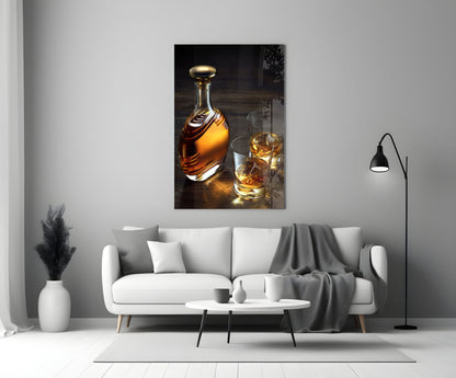 Amber Decanter And Two Whiskey Glasses Glass Wall Art