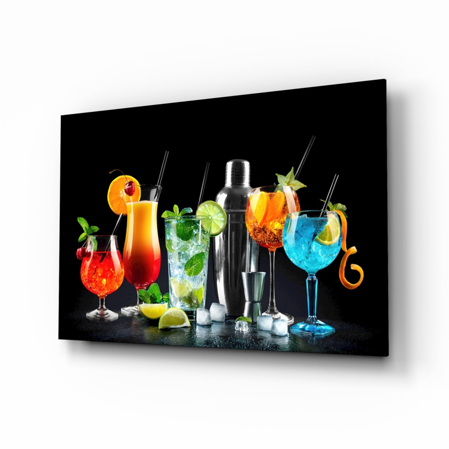 Neon Blue Shaker Lineup Cocktails Glass Wall Art