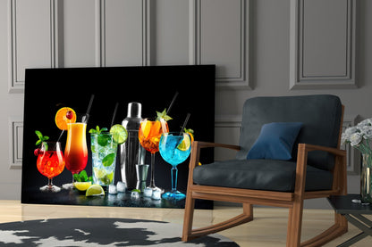 Neon Blue Shaker Lineup Cocktails Glass Wall Art