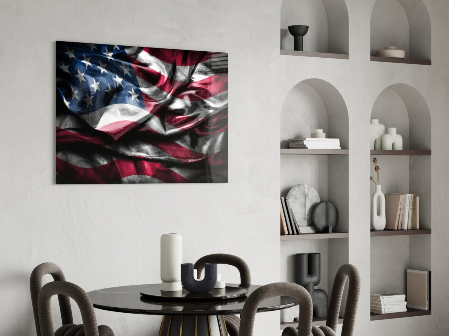 Waving American Flag in Dark Tones Glass Wall Art