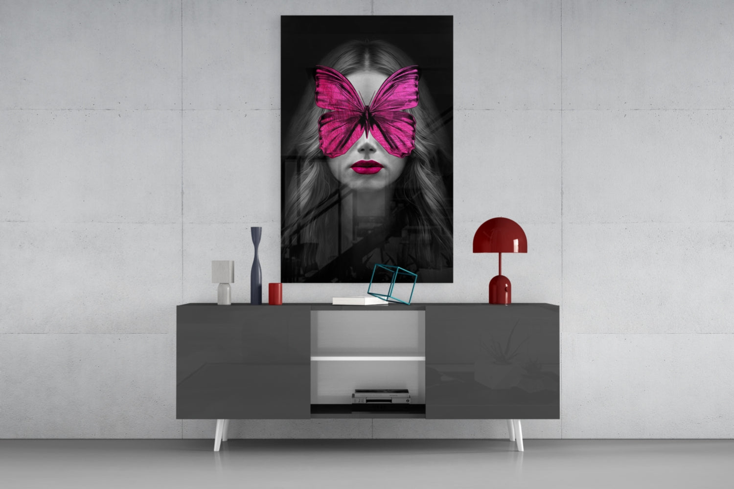 Magenta Butterfly Mask Woman Portrait Glass Wall Art