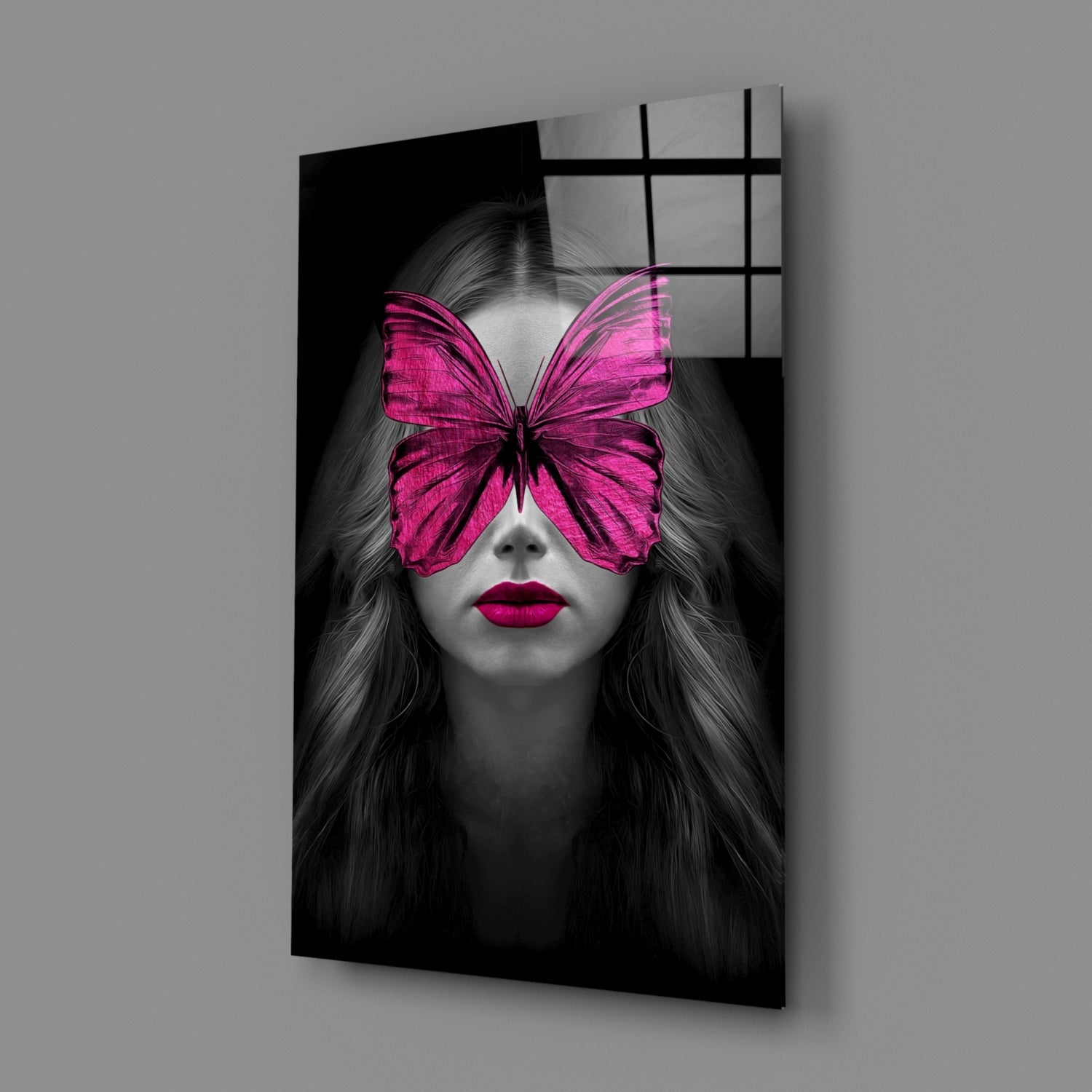 Magenta Butterfly Mask Woman Portrait Glass Wall Art