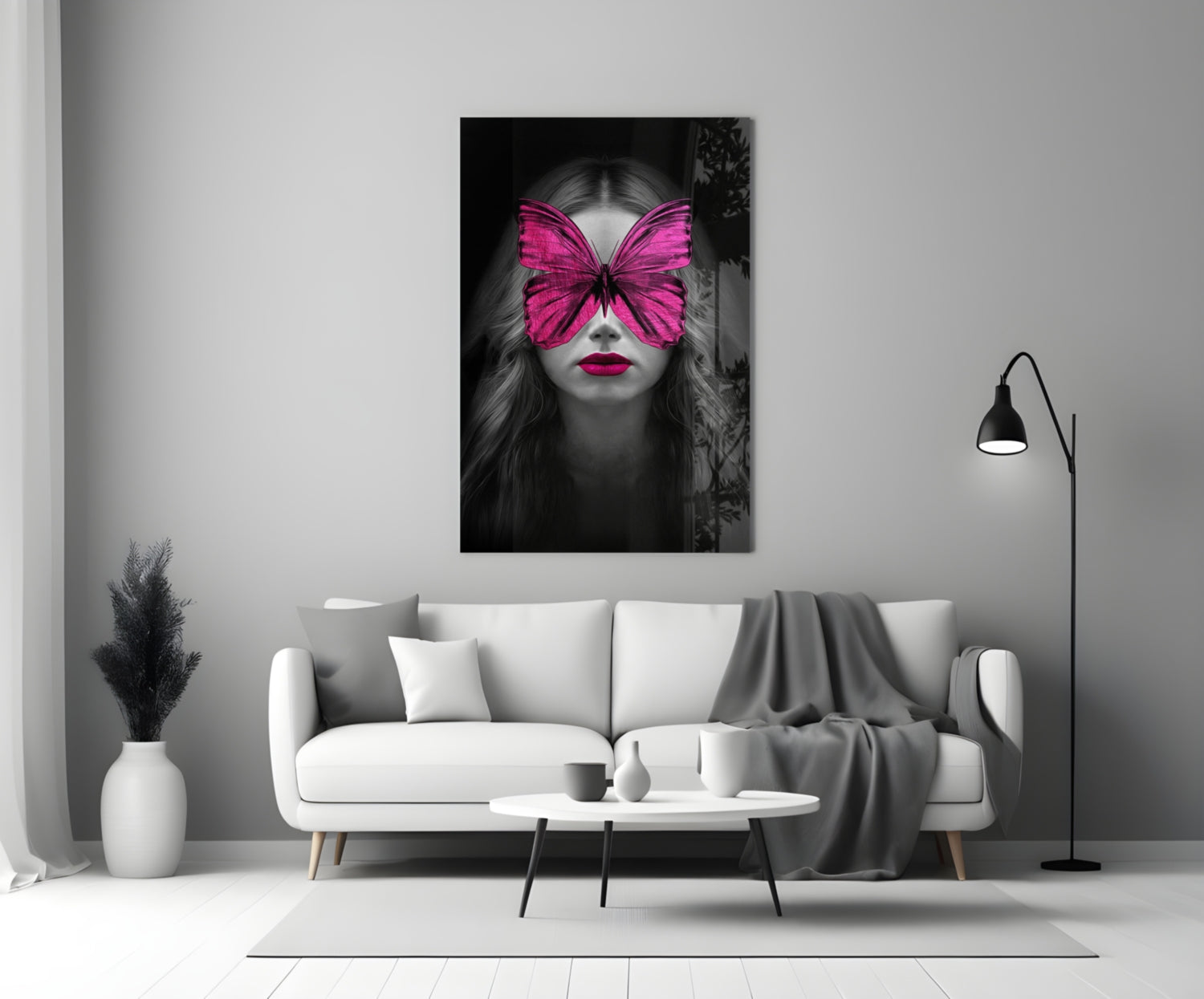 Magenta Butterfly Mask Woman Portrait Glass Wall Art