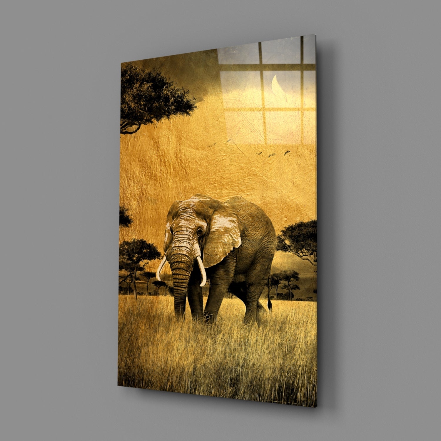 Golden Savanna Acacia Elephant Glass Wall Art