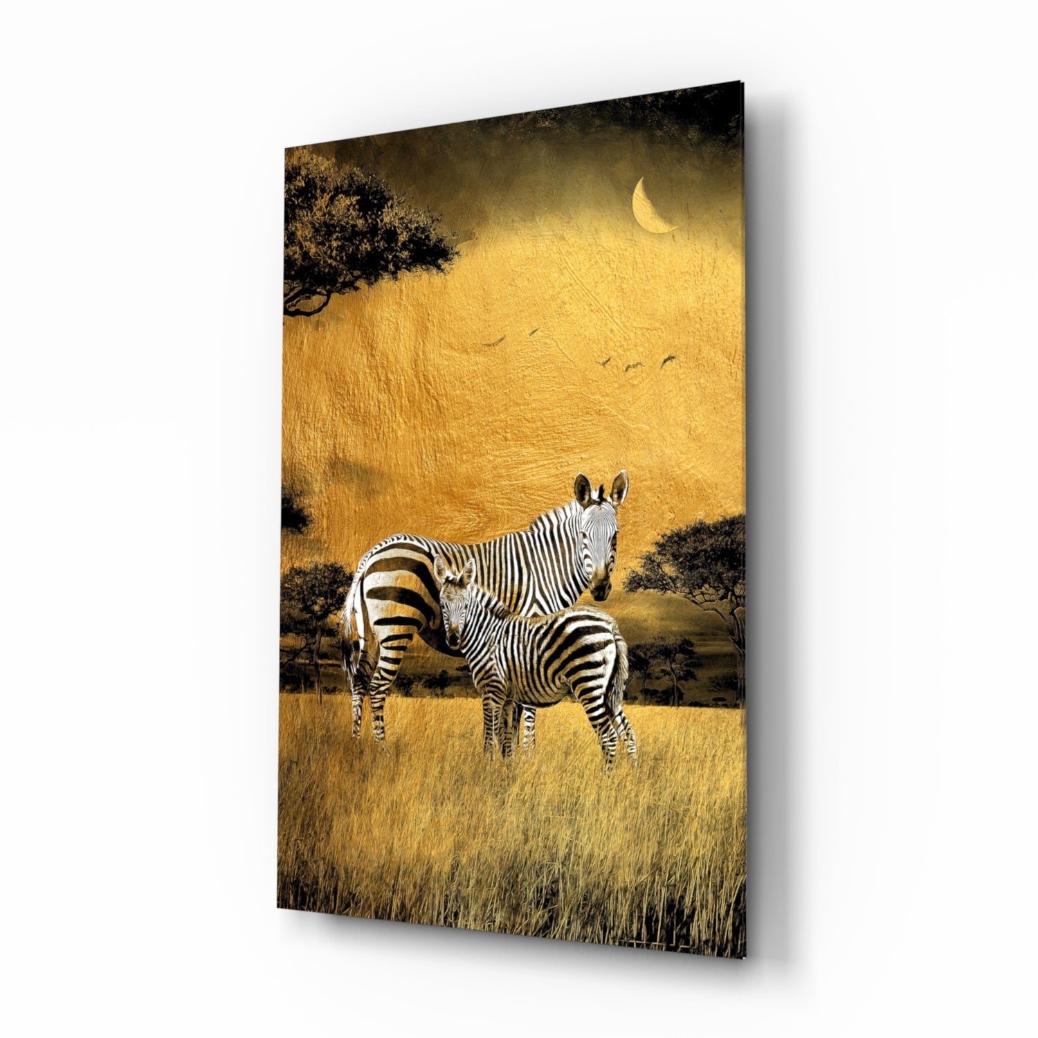 Golden Savanna Crescent Moon Zebras Glass Wall Art