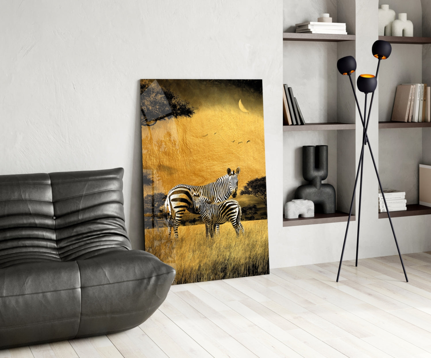 Golden Savanna Crescent Moon Zebras Glass Wall Art