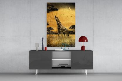 Golden Grassland Acacia Giraffe Pair Glass Wall Art
