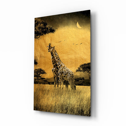 Golden Grassland Acacia Giraffe Pair Glass Wall Art
