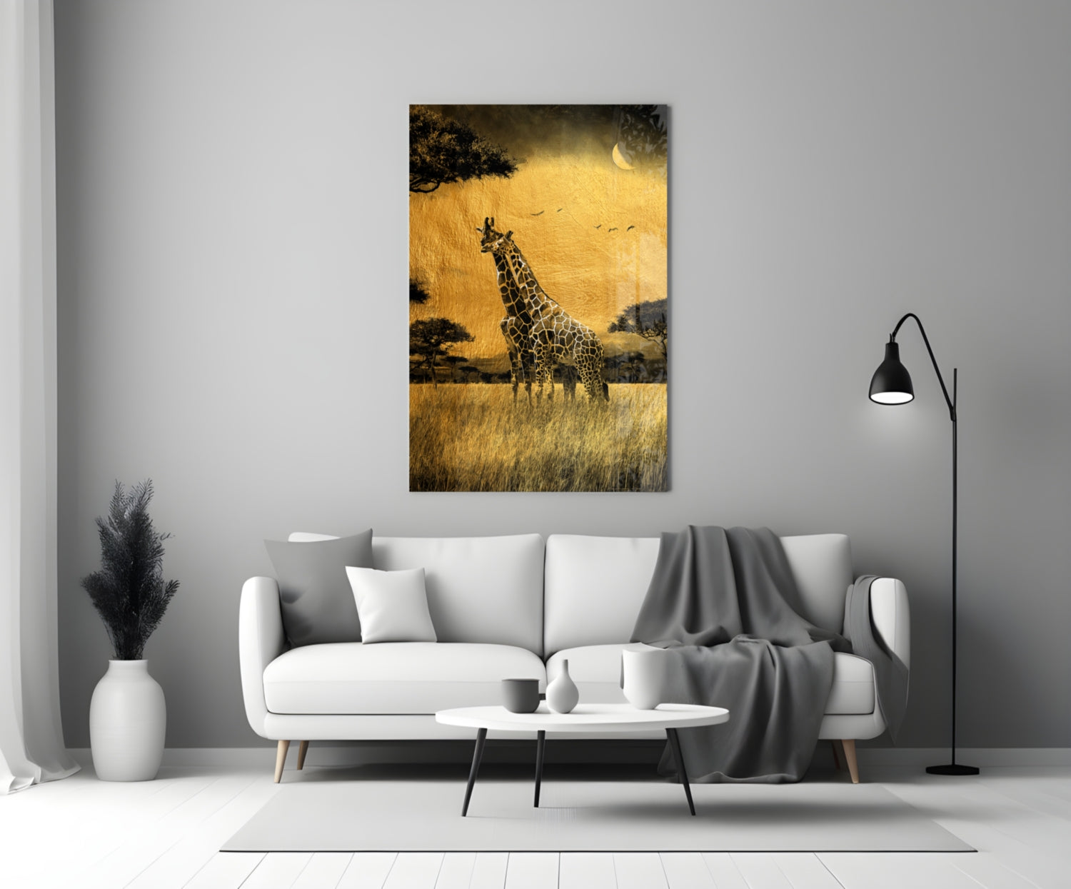 Golden Grassland Acacia Giraffe Pair Glass Wall Art