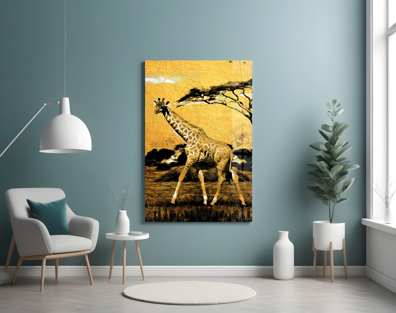 Gold Acacia Tree Giraffe Glass Wall Art