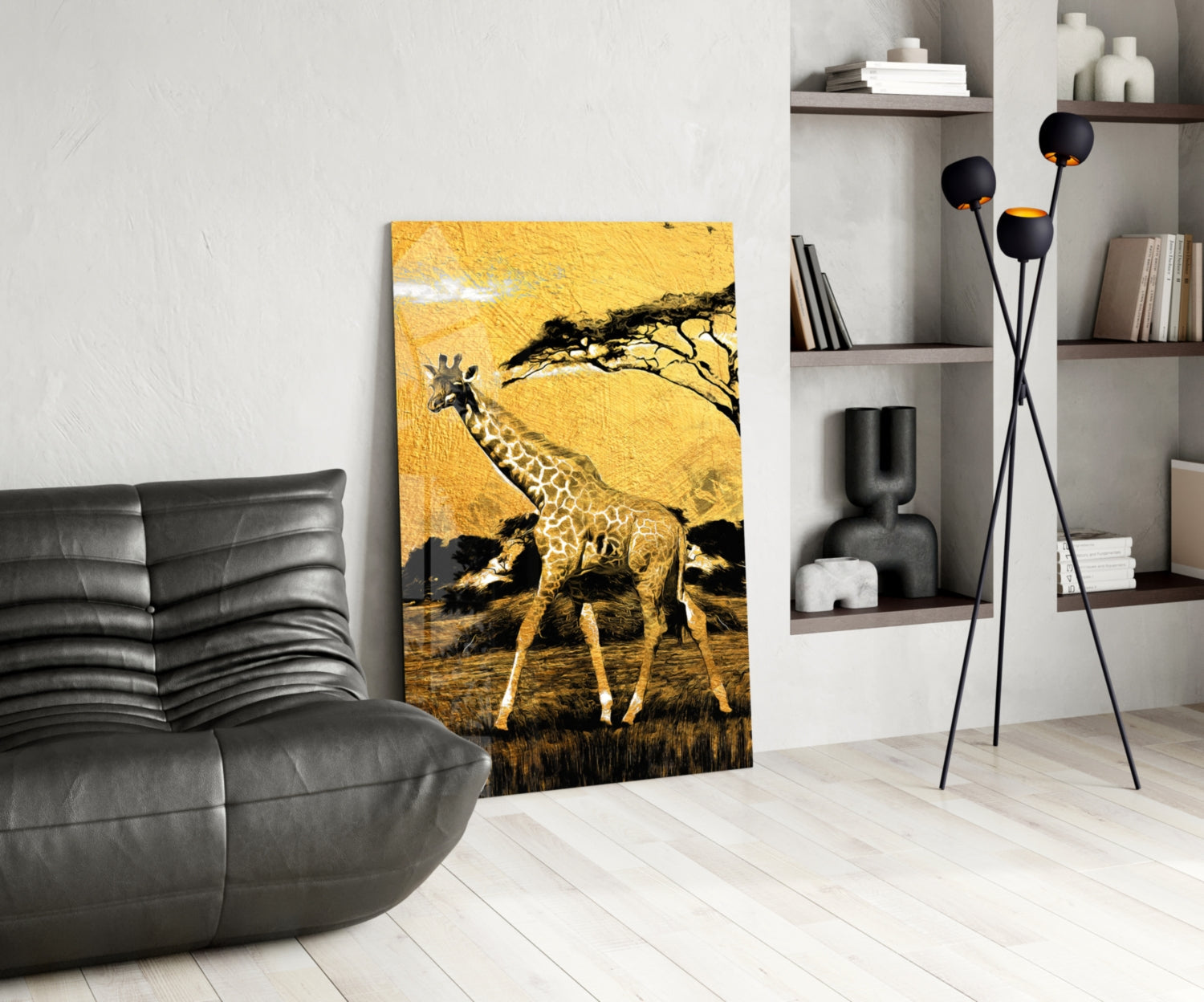 Gold Acacia Tree Giraffe Glass Wall Art