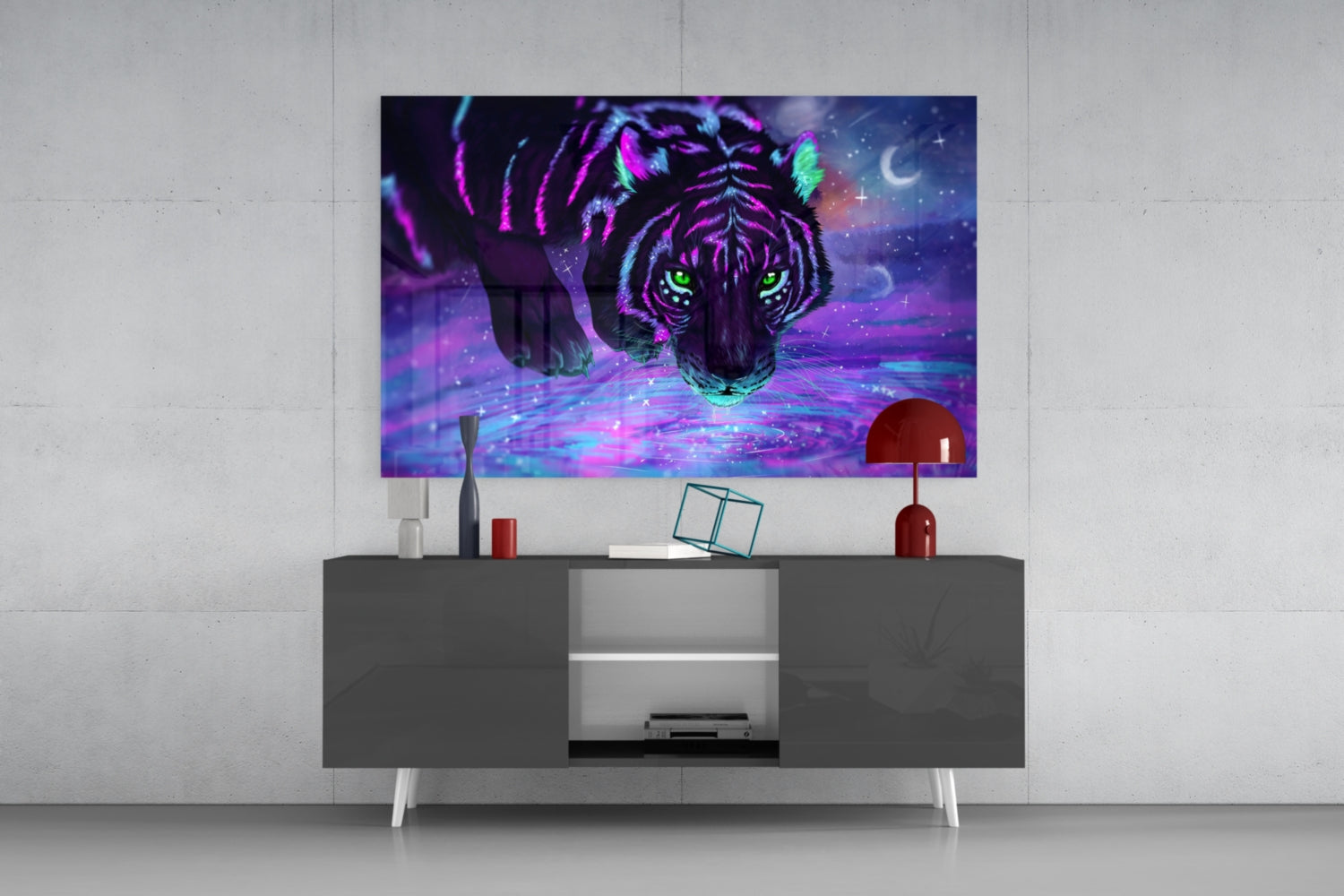 Neon Purple Cosmic Tiger Glass Wall Art