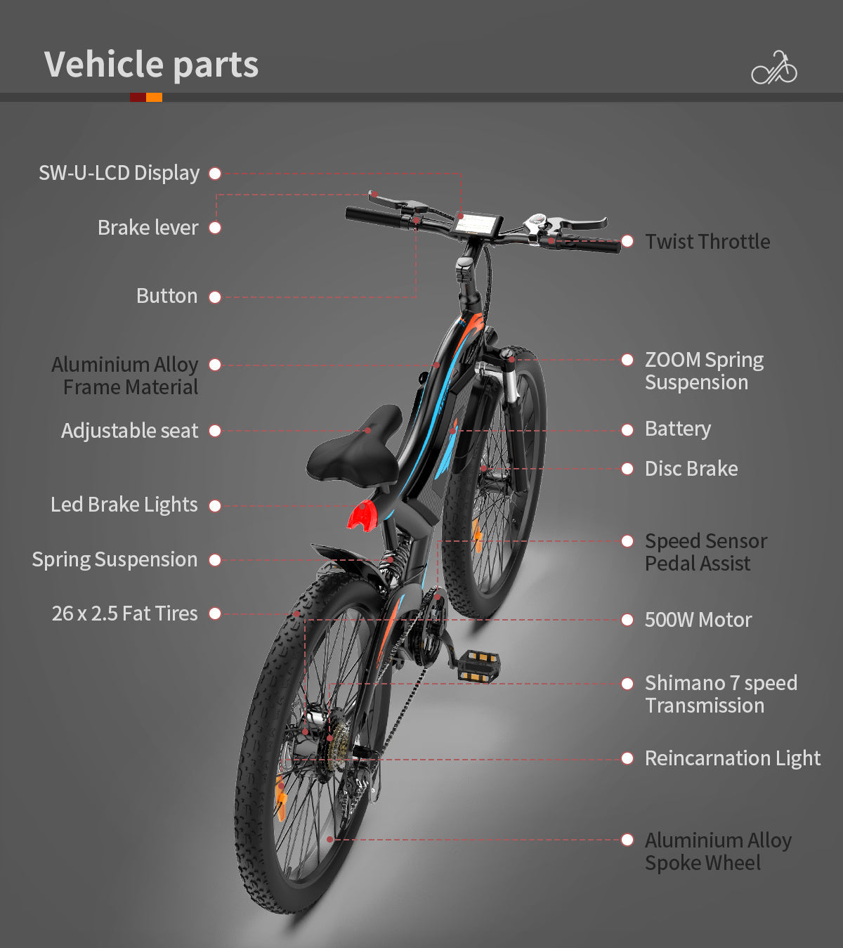 26x2.35 Inch E-Bike  48V 500W Rear Motor  15AH Lithium Battery  Front Suspension &amp; Dual Mechanical Disc Brakes