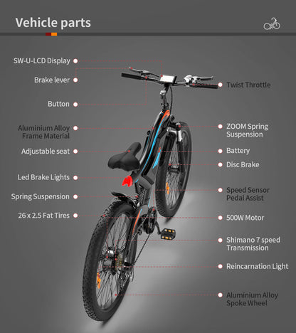 26x2.35 Inch E-Bike  48V 500W Rear Motor  15AH Lithium Battery  Front Suspension &amp; Dual Mechanical Disc Brakes