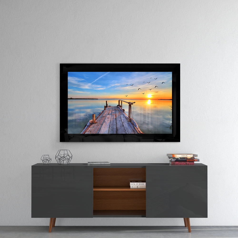 Lakeside Dock Flying Birds Glass Wall Art