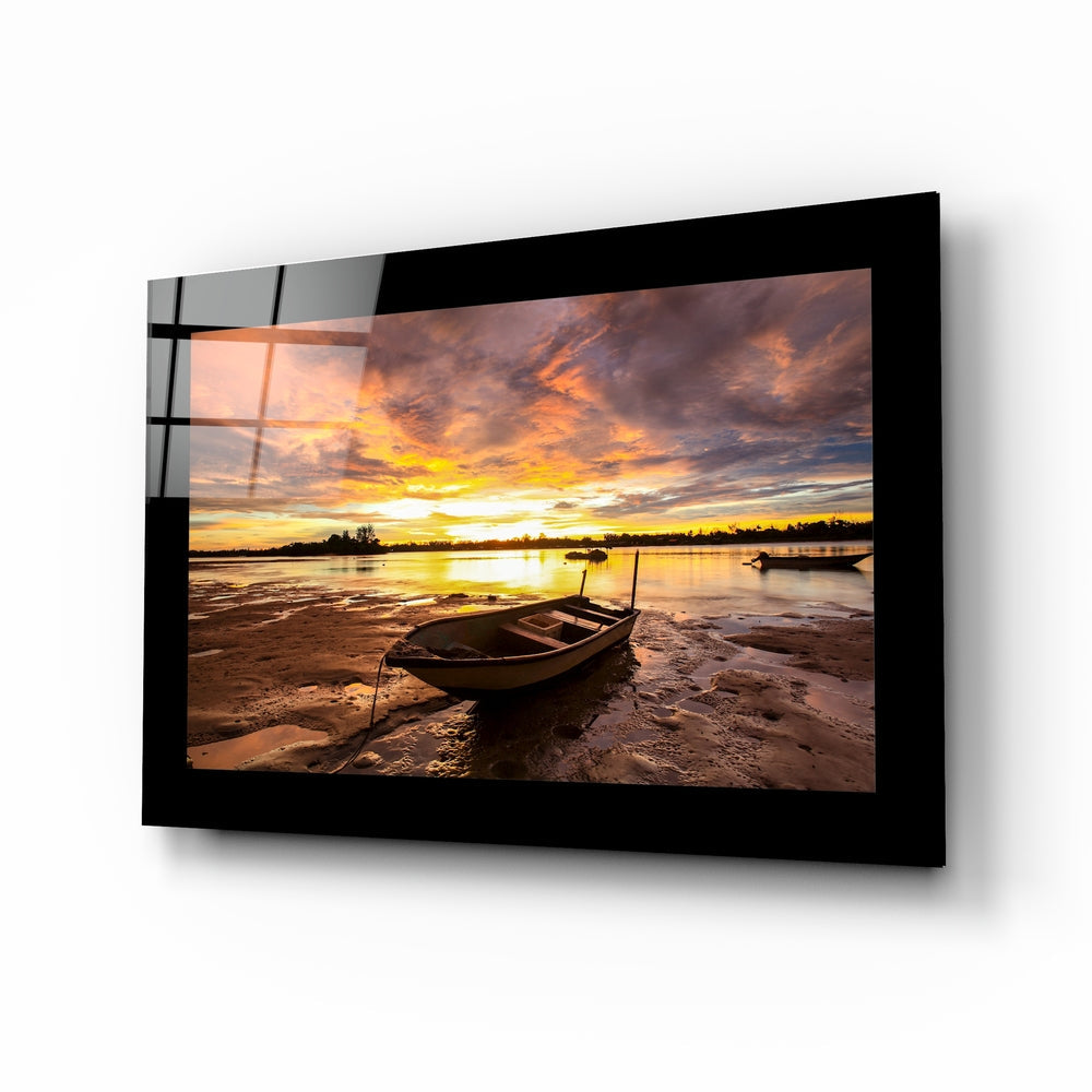 Fiery Dusk Stranded Boat Glass Wall Art