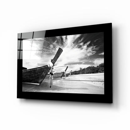 Black and White Longtail Boat on Beach Glass Wall Art