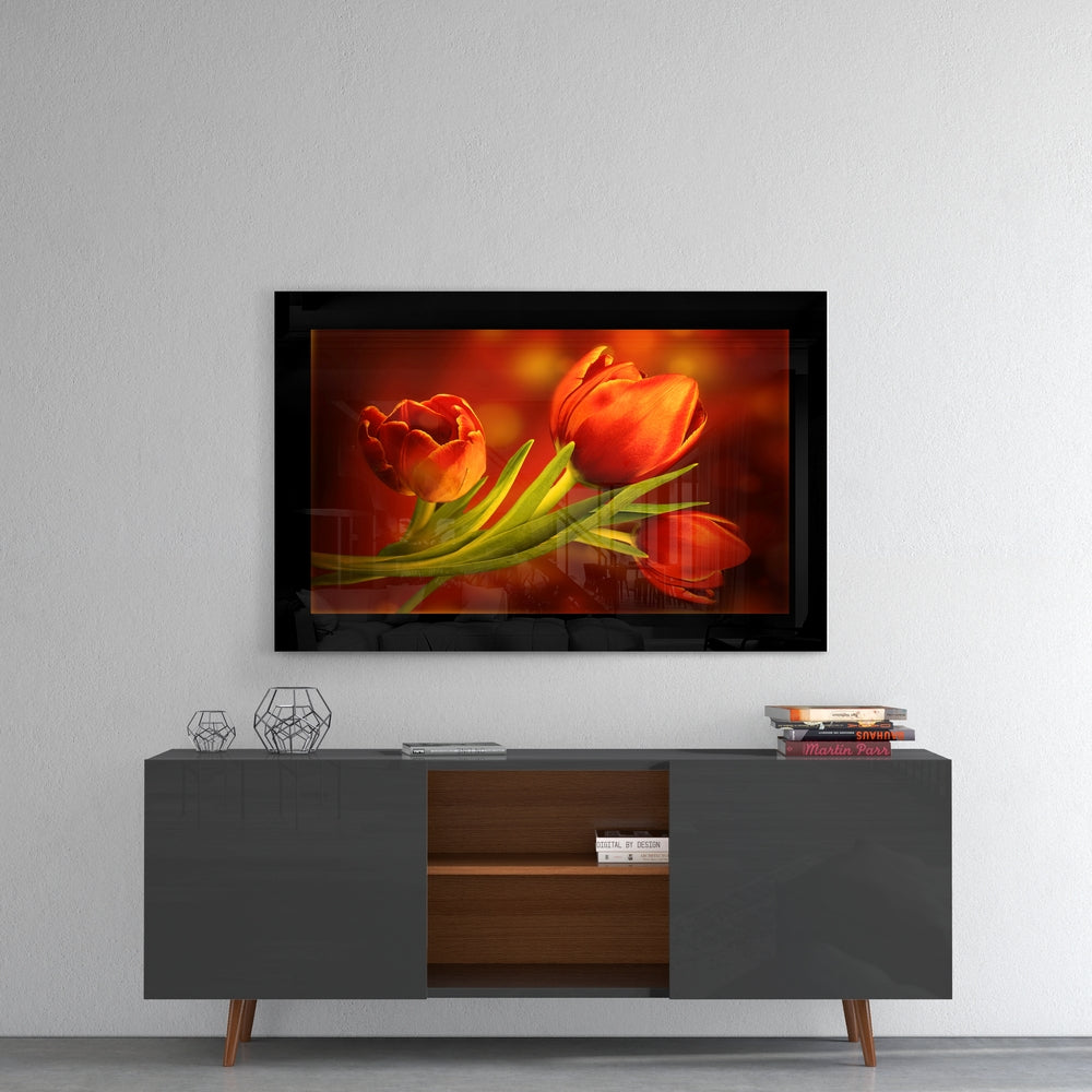 Three Red Tulips on Dark Amber Glass Wall Art