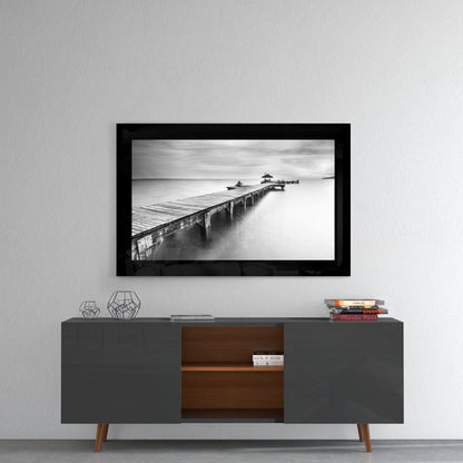 Long Coastal Pier With Pavilion Glass Wall Art