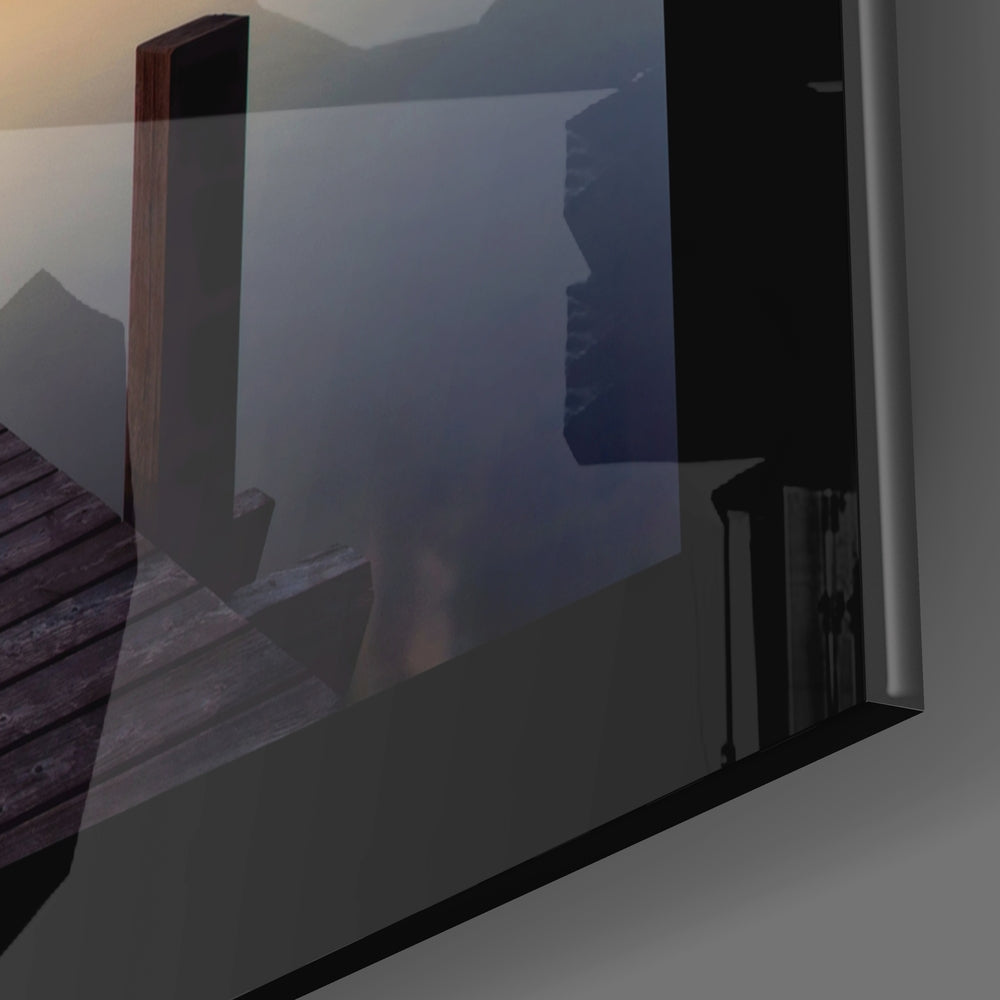 Misty Lake Jetty Sunrise Glass Wall Art