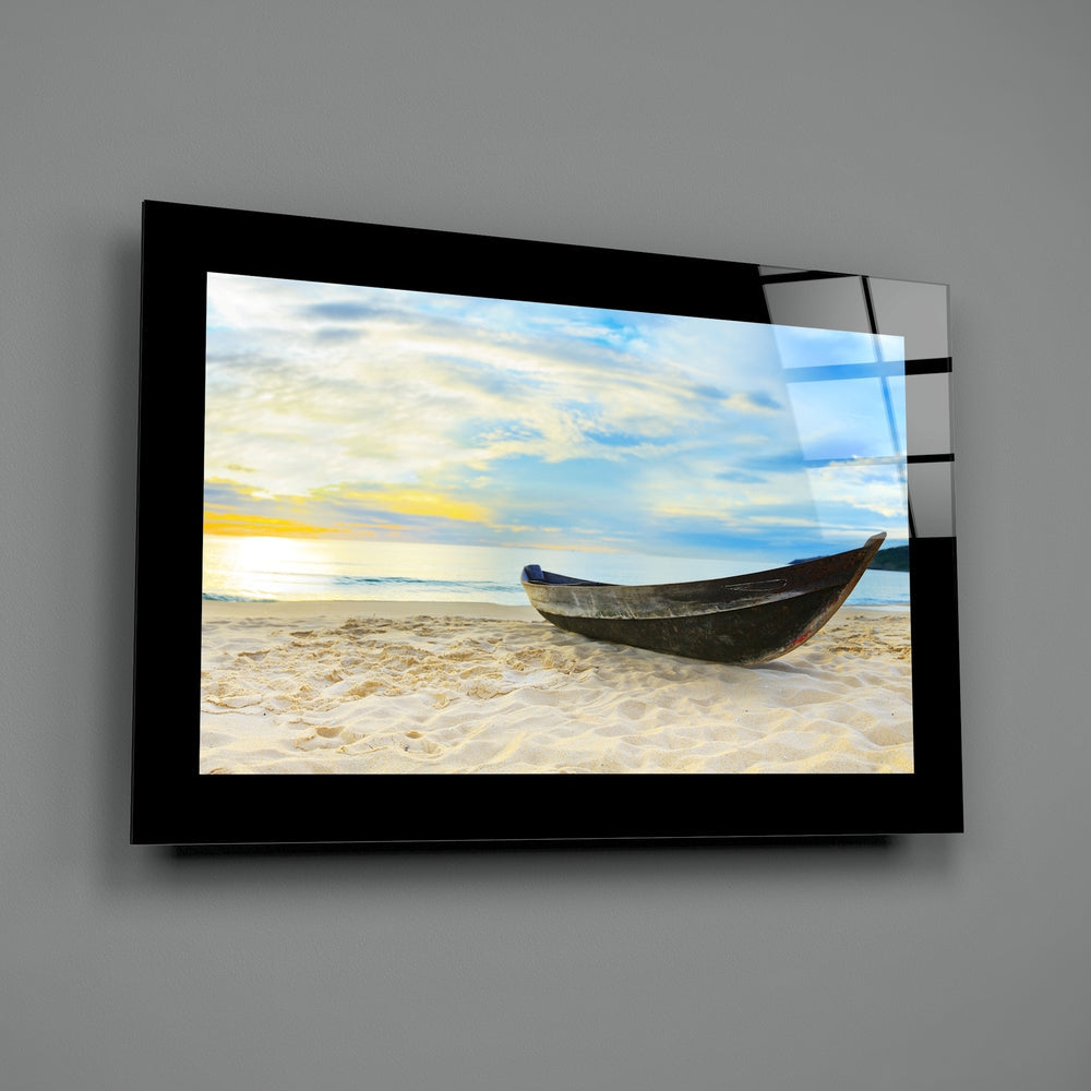 Wooden Canoe White Sand Beach Glass Wall Art
