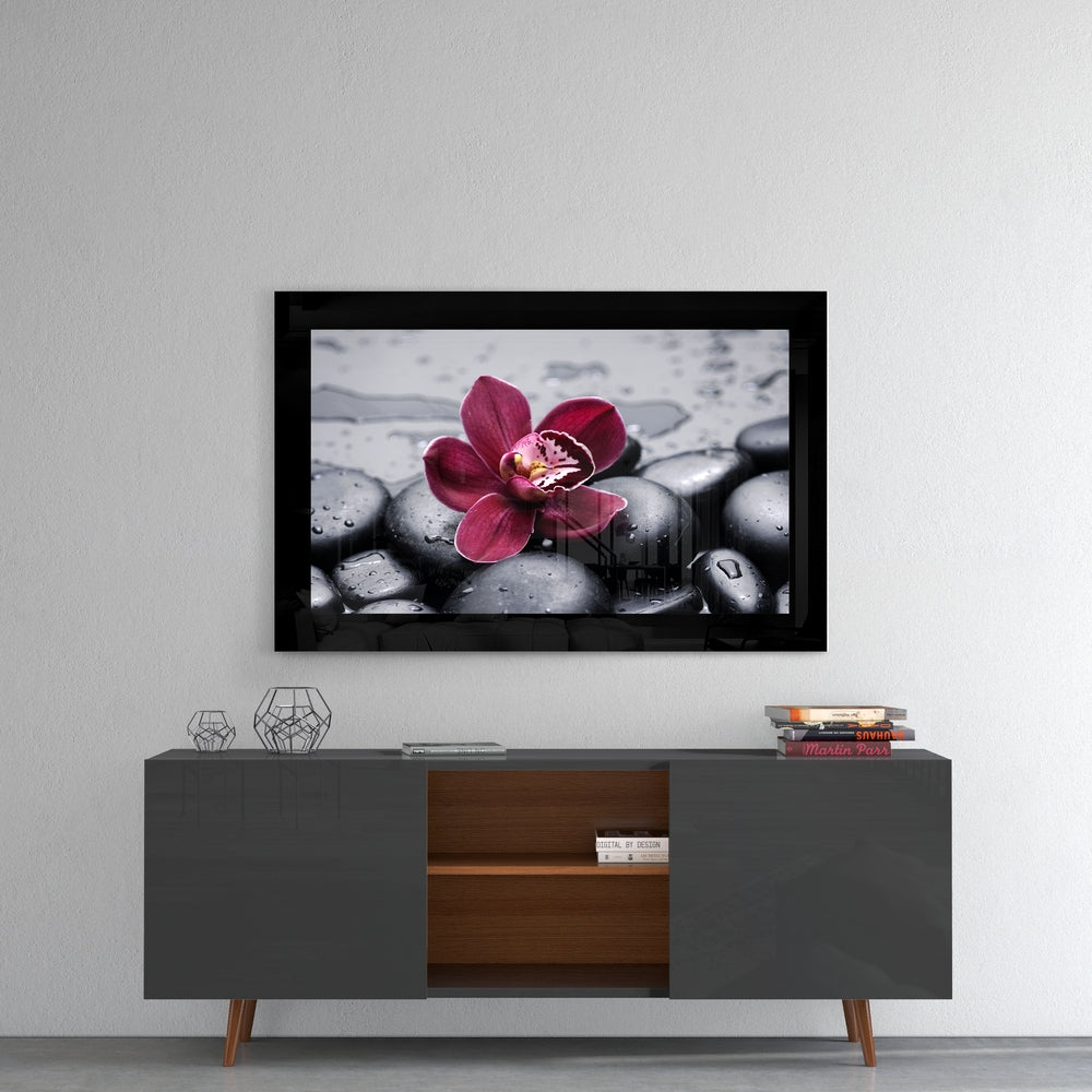 Burgundy Orchid Gray Spa Stones Glass Wall Art