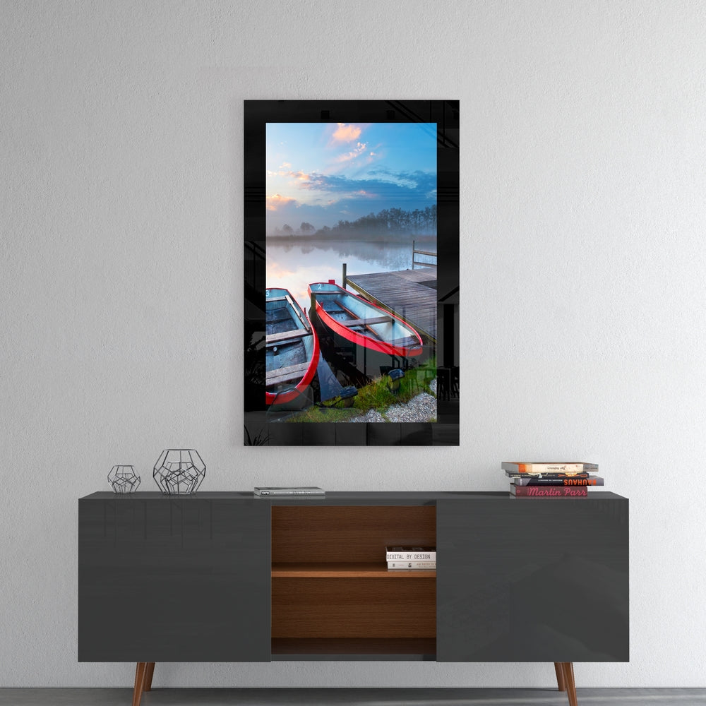 Red Rowboats on Misty Lake Dock Glass Wall Art