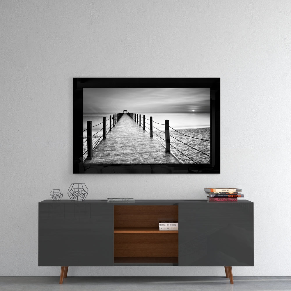 Rope Railing Beach Pier Sunrise Glass Wall Art