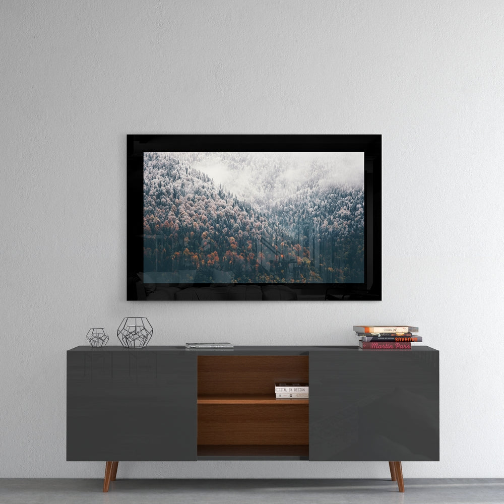 Foggy Mountain Autumn Woods Glass Wall Art