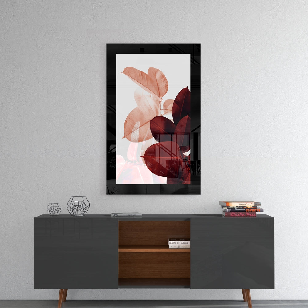 Coral Maroon Rubber Fig Leaves Glass Wall Art