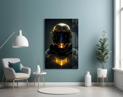 Golden Neon Astronaut Helmet Glass Wall Art