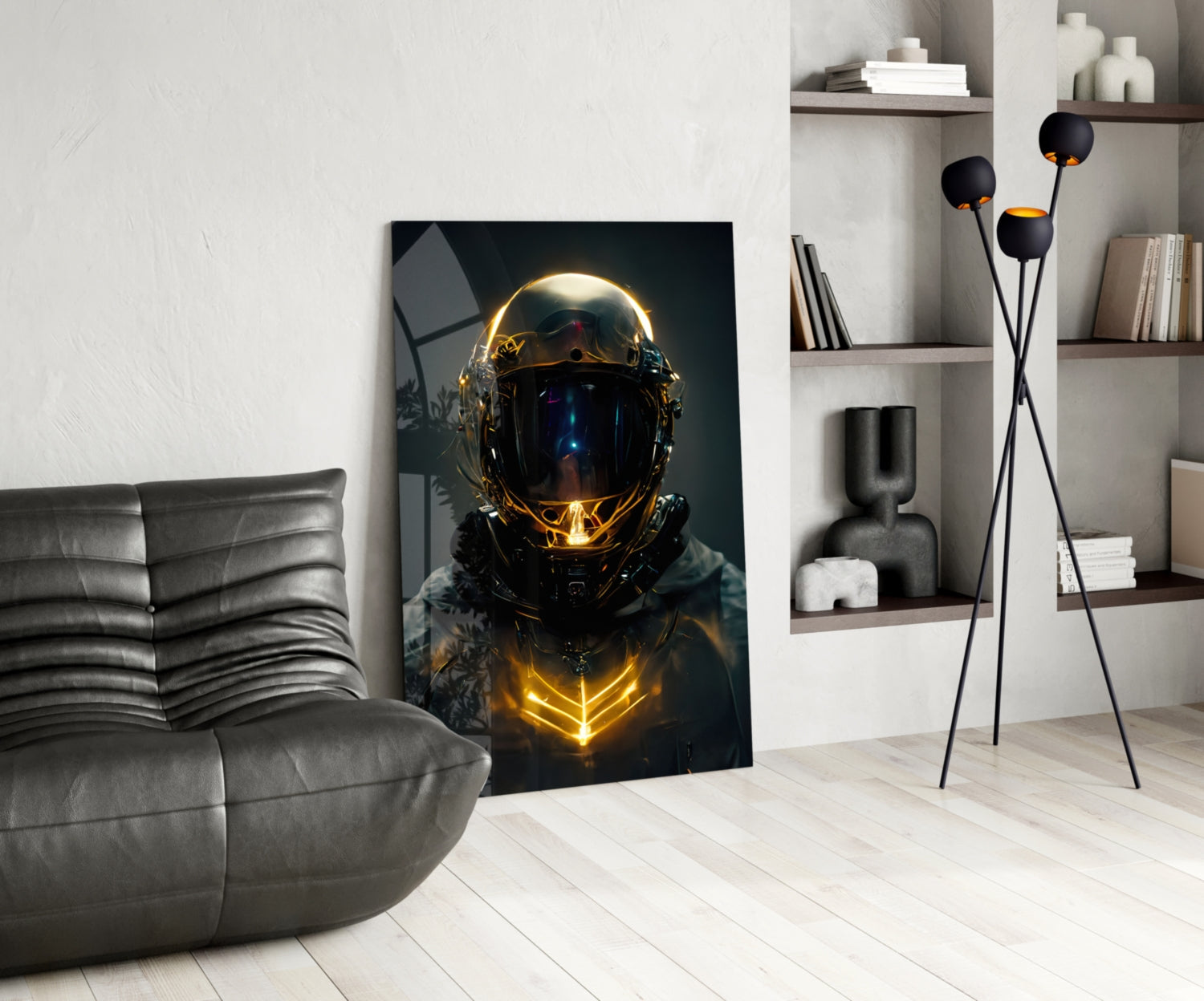 Golden Neon Astronaut Helmet Glass Wall Art
