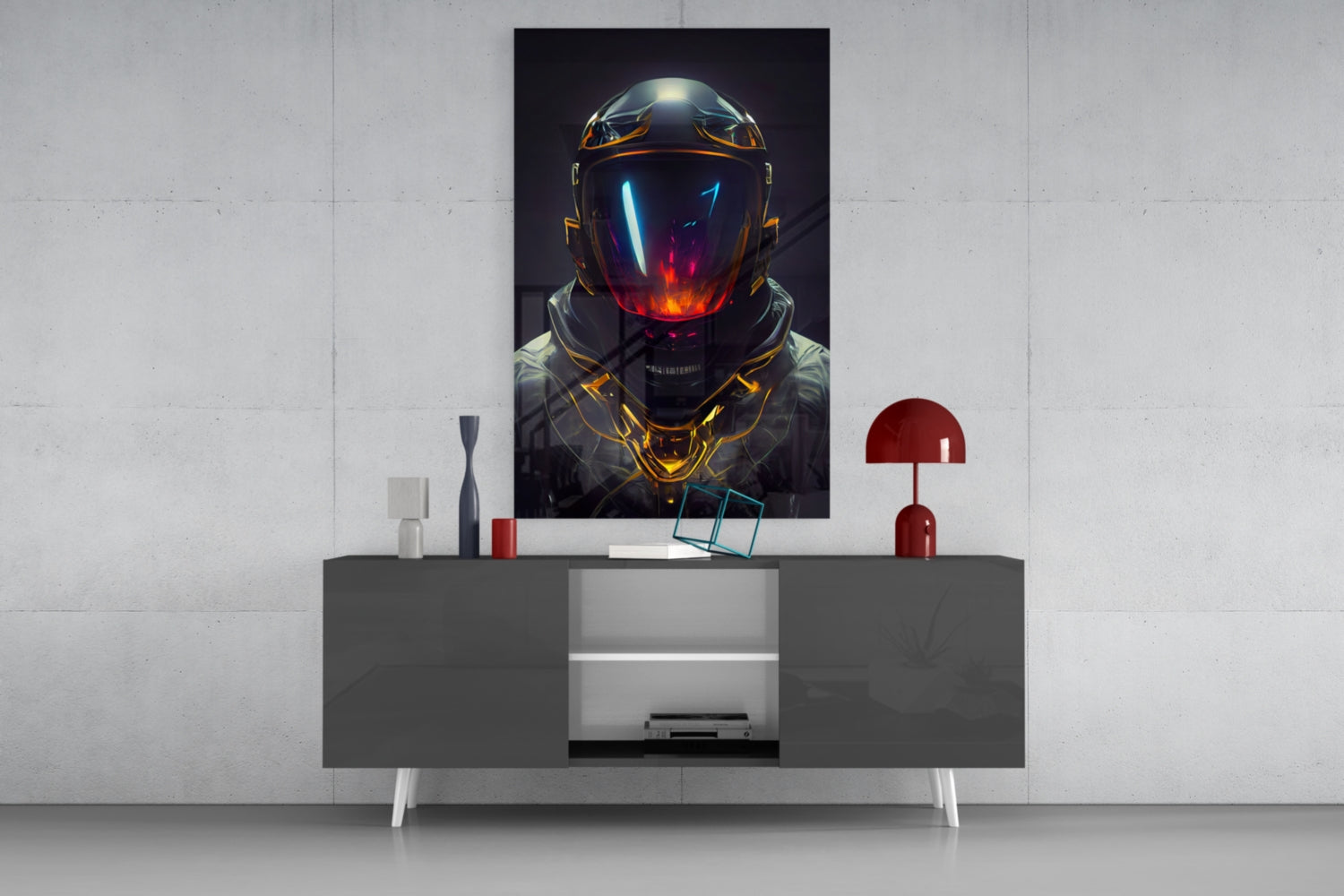 Crimson Visor Glowing Space Helmet Glass Wall Art