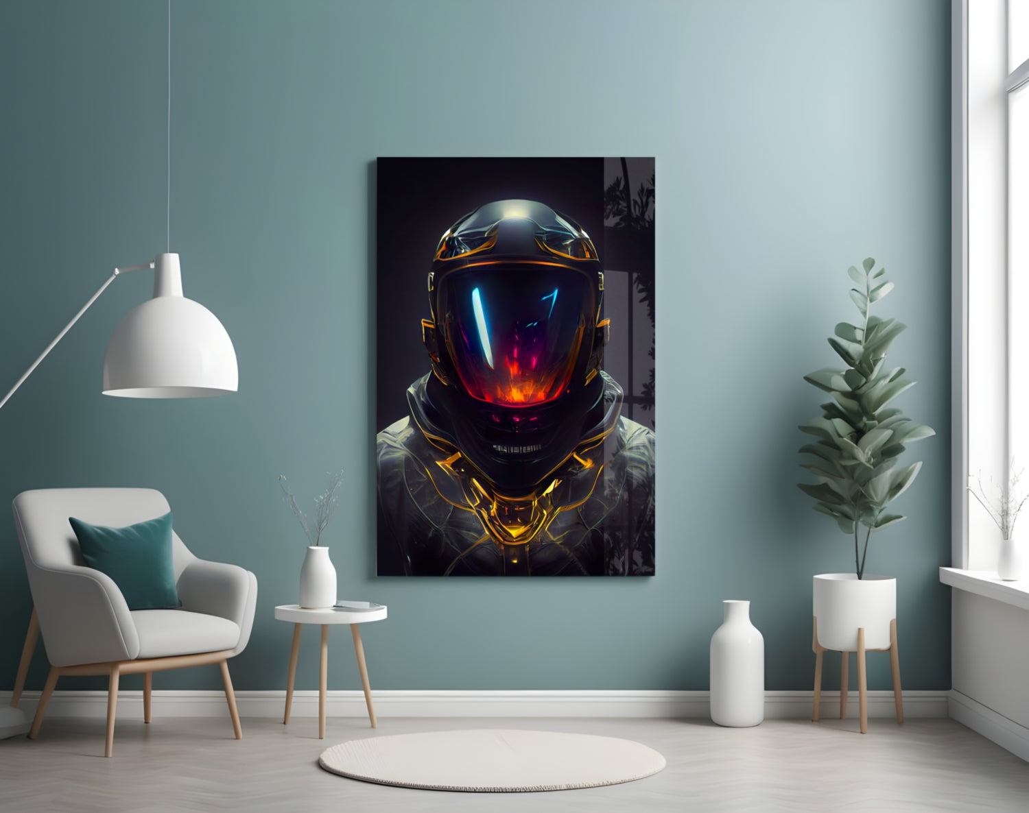 Crimson Visor Glowing Space Helmet Glass Wall Art