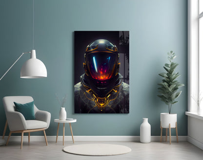 Crimson Visor Glowing Space Helmet Glass Wall Art