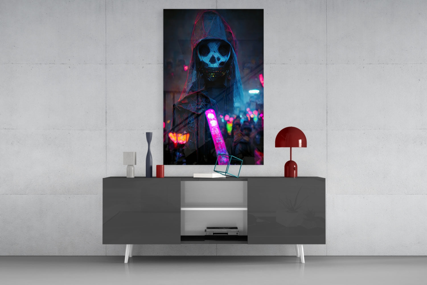 Neon Glow Stick Skull Mask Figure Glass Wall Art