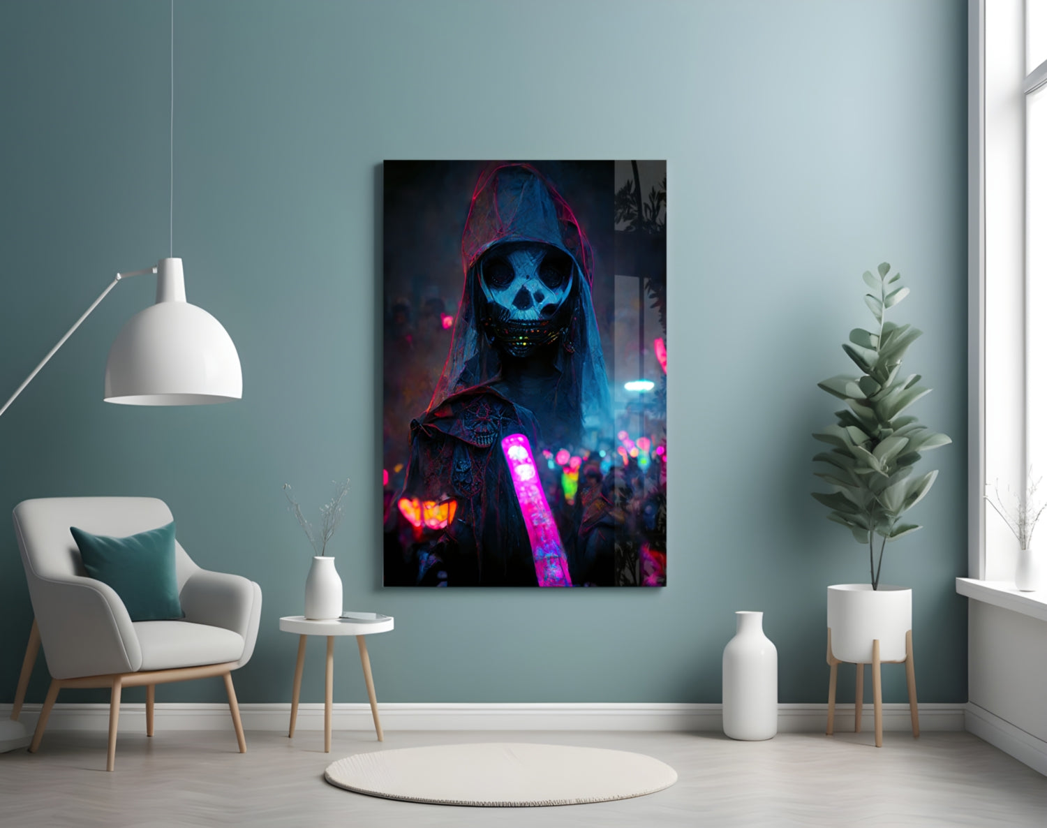 Neon Glow Stick Skull Mask Figure Glass Wall Art